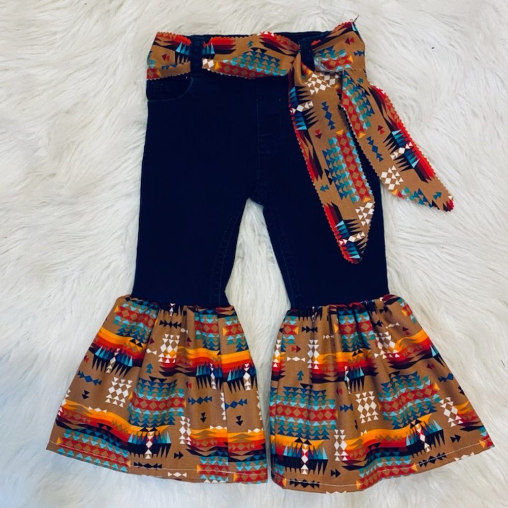Girls 3T Denim Bell Bottom Flare Jeans Aztec Southwestern Upcycled Western Wear
